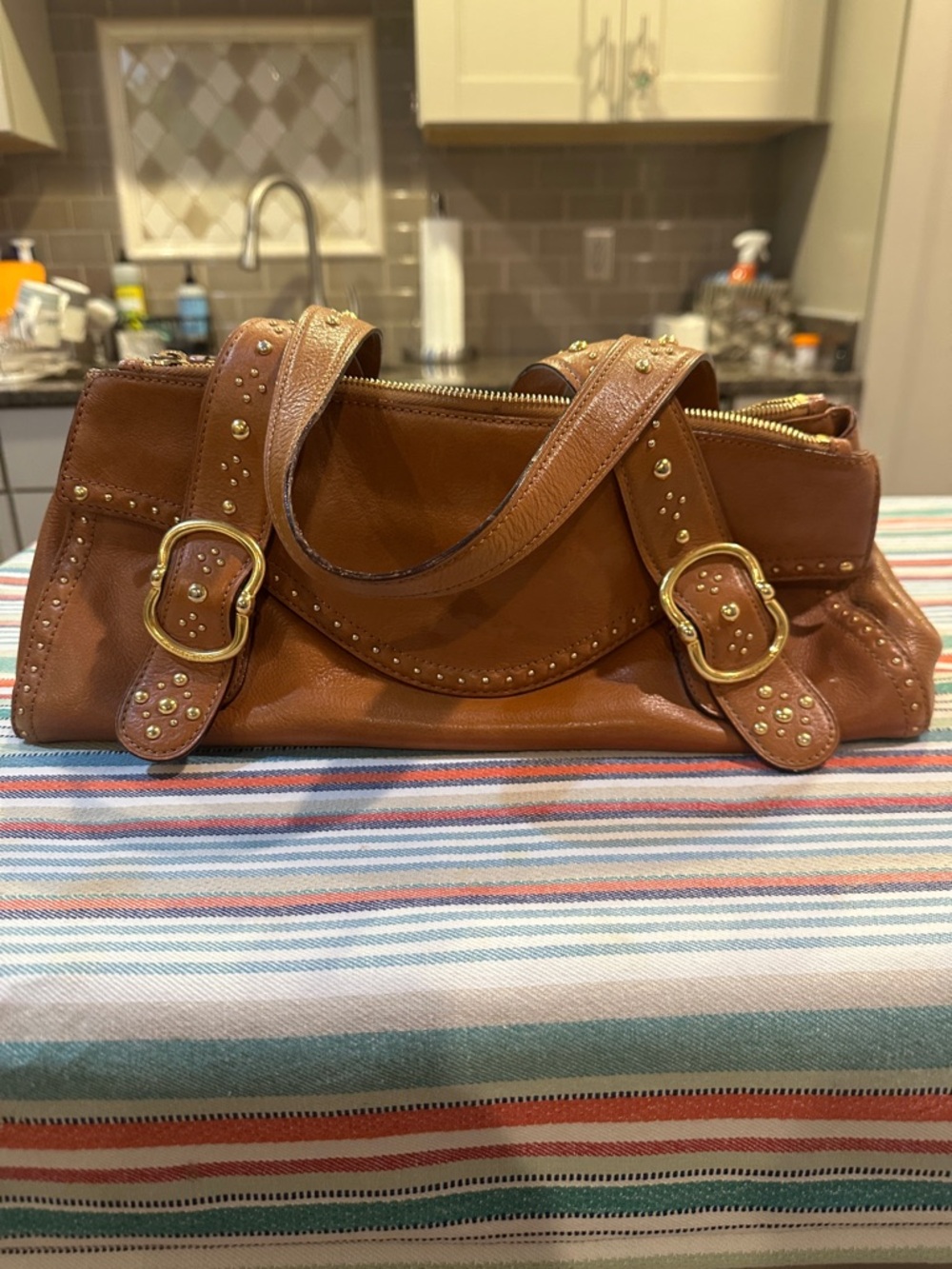 Brown Studded Leather Shoulder Bag - Classic Women's vintage Handbag